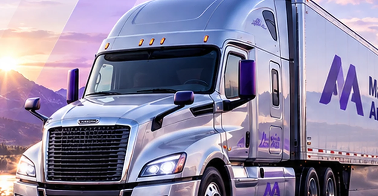 Illustrative tractor-trailer driving through a mountainous highway